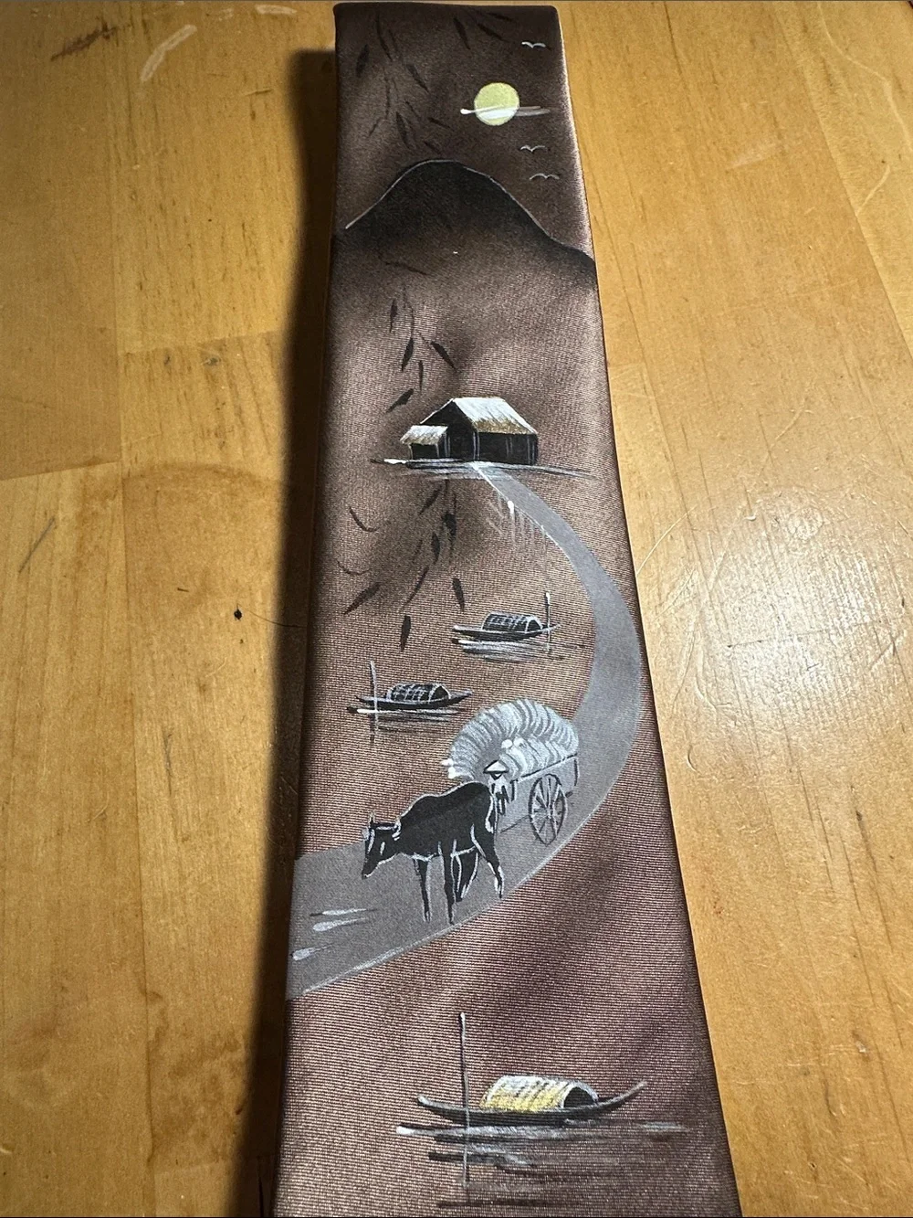 Brown Scenic Silk Tie with Hand-Painted Style Design